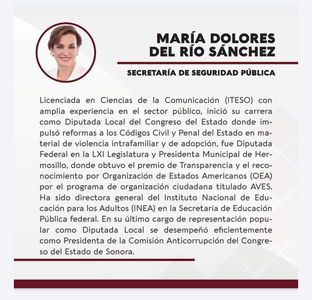 MARÍA DOLORES DEL RÍO NUEVA SECRETARIA DE SEGURIDAD PÚBLICA EN SONORA