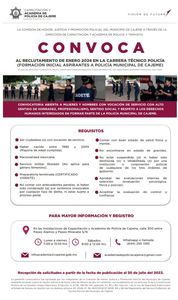 SE ABRE NUEVA CONVOCATORIA PARA ASPIRANTES A CADETES DE LA ACADEMIA DE POLICÍA MUNICIPAL 2024