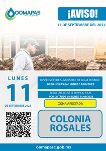 AVISO Por servicio en planta potabilizadora de Colonia Rosales, se supendera el servicio de agu potable este lunes 11 de septiembre a partir de las 10:00 para restablecer el suministro el mismolunes por la tarde. Trabajamos por el bienestar de nuestros usuarios, agradecemos su comprensión. #tupagotuobra