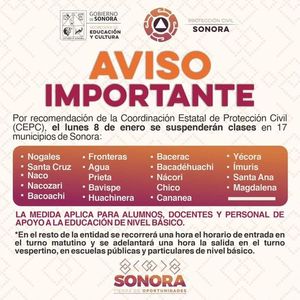 Anuncia SEC Sonora suspensión de clases por bajas temperaturas en 17 municipios de la entidad