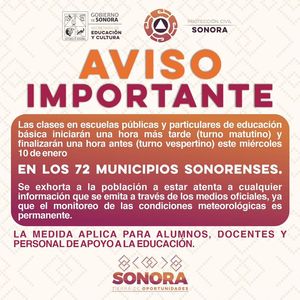 Clases en toda la entidad para este miércoles 10 de enero: SEC Sonora