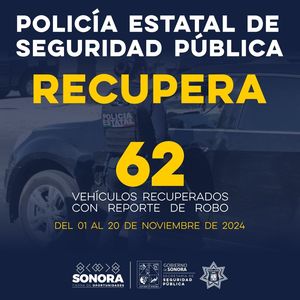 Gobierno de Sonora recupera 62 vehículos con reporte de robo en operativos de SSP