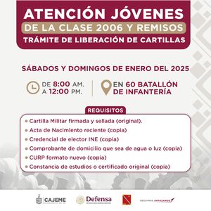 LLAMAN A LOS JÓVENES CLASE 2006 Y REMISOS DE CAJEME A REALIZAR LA ENTREGA DE CARTILLAS DEL SERVICIO MILITAR NACIONAL