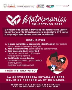 ABRE DIF CAJEME CONVOCATORIA PARA MATRIMONIOS COLECTIVOS 2025