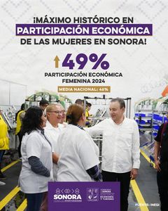 Gobernador Durazo logra máximo histórico del 49% en participación económica de las mujeres en Sonora