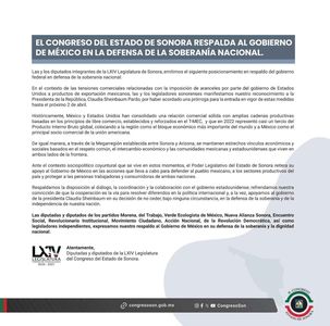 El Congreso de Sonora respalda al Gobierno de México en la defensa de la soberanía nacional.