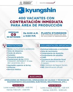 Invita empresa KYUNGSHIN a ocupar 400 puestos de trabajo en feria de reclutamiento