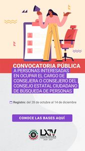 Abre Congreso de Sonora convocatoria para integrar el Consejo Estatal Ciudadano de Búsqueda de Personas